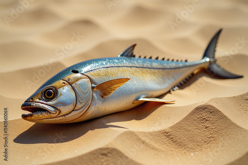 desert sand holds decaying tuna skeleton representing desertification habitat loss caused climate change human photo