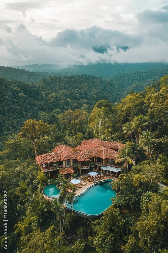 Fototapeta premium Jungle resort; pool, building, lush foliage.