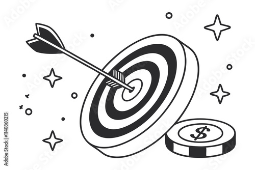 The Dart arrow hit the center of the target. Business finance target, goal of success, target achievement concept. 3d vector icon. Cartoon minimal style. Black Color and White Background