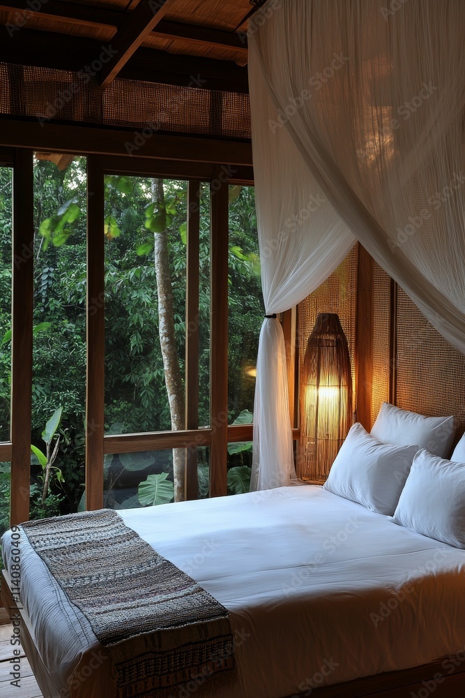 Jungle view bedroom, canopy bed, woven textiles. Jungle view bedroom, canopy bed, woven textiles.