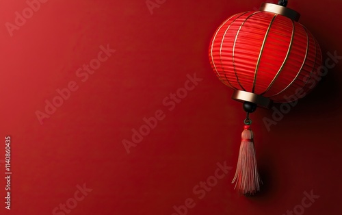 A vibrant red lantern hanging against a deep red background, symbolizing celebration and culture, often associated with festivals. photo