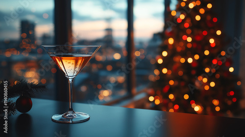 Festive Martini Glass against Window with City View and Christmas Tree Background