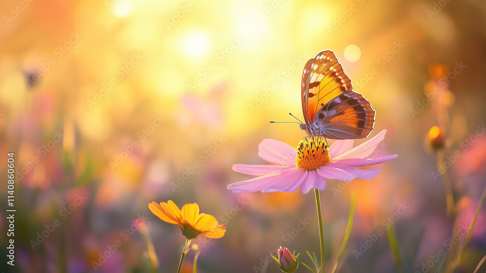 Field of colorful cosmos flower and butterfly in a meadow in nature in the rays of sunlight in summer in the spring close-up of a macro. A colorful artistic image with a soft focus, beautiful bokeh Field of colorful cosmos flower and butterfly in a meadow in nature in the rays of sunlight in summer in the spring close-up of a macro. A colorful artistic image with a soft focus, beautiful bokeh