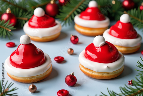 donuts shaped santa hats surrounded holiday photo