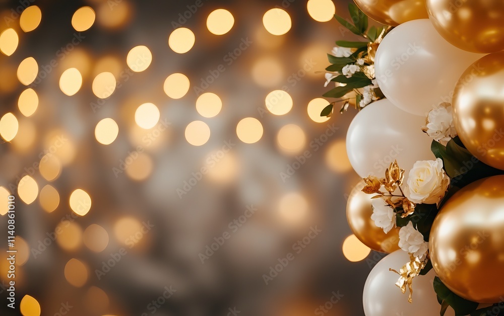 A festive arrangement of golden and white balloons with soft bokeh lights in the background, creating a celebratory atmosphere. A festive arrangement of golden and white balloons with soft bokeh lights in the background, creating a celebratory atmosphere.