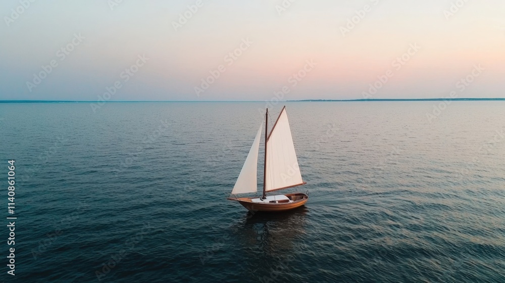 Fototapeta premium Path of beginning and start exploration, A serene sailboat glides over calm waters during a pastel sunrise, creating a tranquil and picturesque nautical scene.