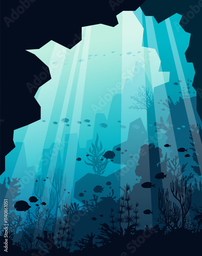 Vector illustration with underwater nature. Seascape with silhouette of coral reef, cave and school of fish on a blue ocean background. Flora and fauna of the sea.