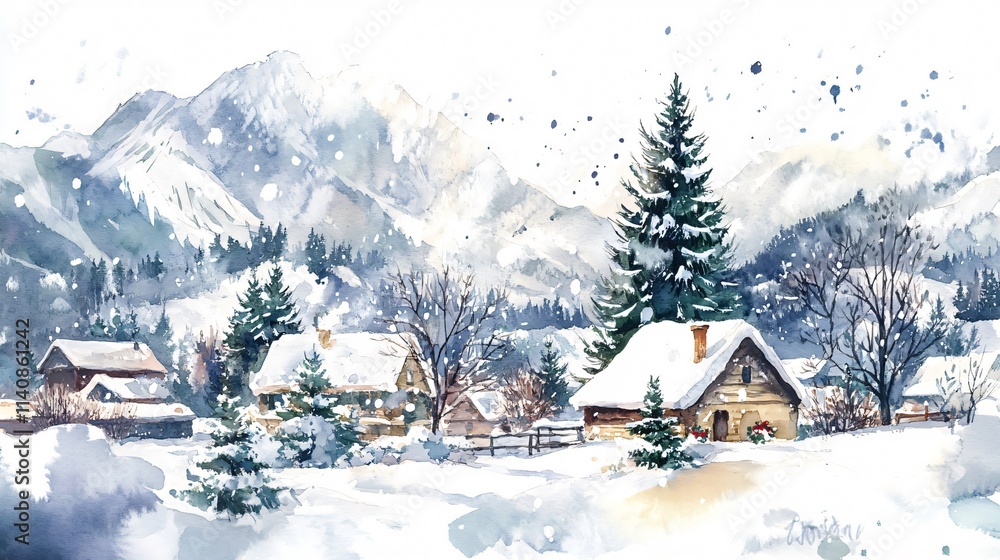 Fototapeta premium A Watercolor Painting of a Cozy Winter Village Nestled in the Snowy Mountains