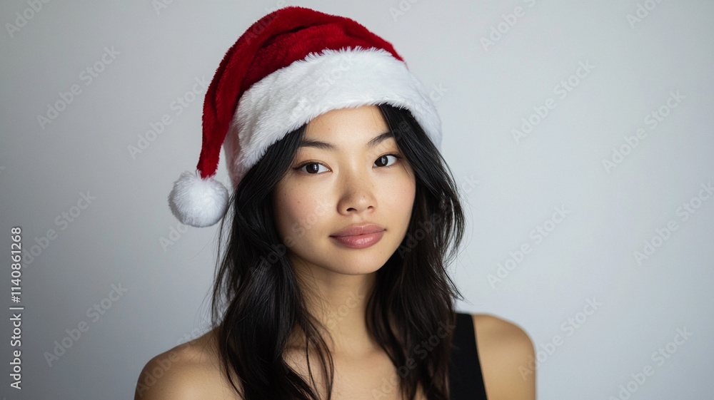 Festive portrait of an Asian-Caucasian woman wearing a Santa hat, isolated against a white background, capturing holiday cheer and celebration.
Festive portrait of an Asian-Caucasian woman wearing a Santa hat, isolated against a white background, capturing holiday cheer and celebration.