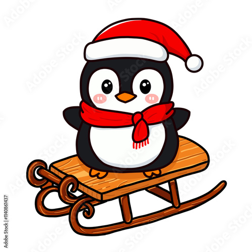 Cute Illustration Penguin on a Sledge Wearing Santa Hat and Scarf for Christmas