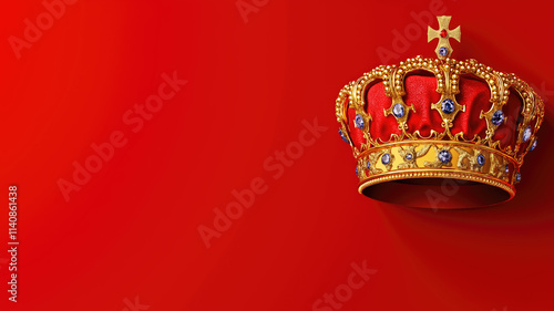 Illustration of Royal golden crown with jewels on golden pillow on red background. Symbols of UK United Kingdom monarchy. Copy space on the left side of the frame. Generative AI
