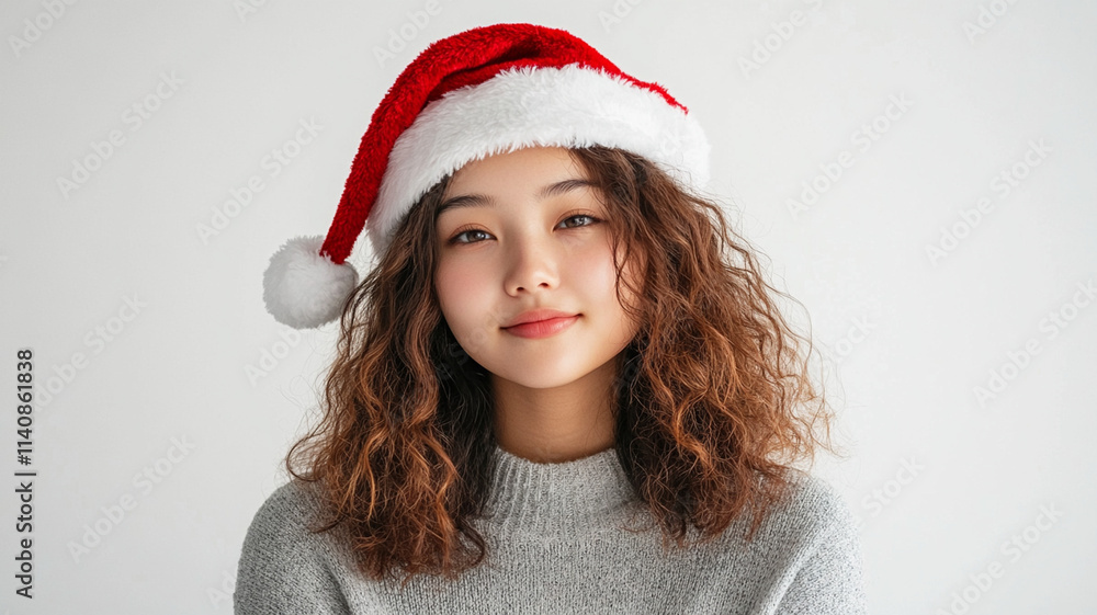 Festive portrait of an Asian-Caucasian woman wearing a Santa hat, isolated against a white background, capturing holiday cheer and celebration.
Festive portrait of an Asian-Caucasian woman wearing a Santa hat, isolated against a white background, capturing holiday cheer and celebration.