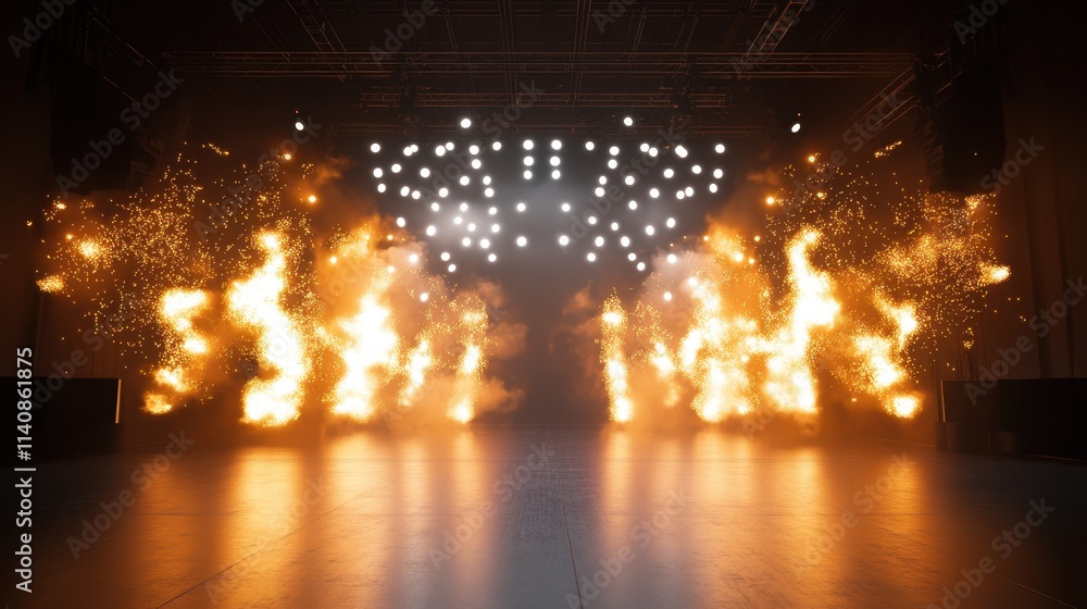 Fototapeta premium Stage with a dazzling display of pyrotechnics, featuring a circular arrangement of spotlights and a dramatic backdrop of smoke and fire