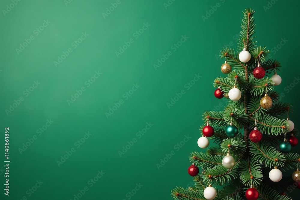 Naklejka premium festive green backdrop features decorated fir tree colorful