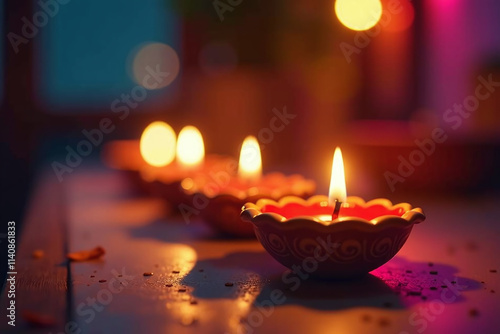 festive diyas light homes diwali celebrations colorful oil lamps adding warmth holiday photo