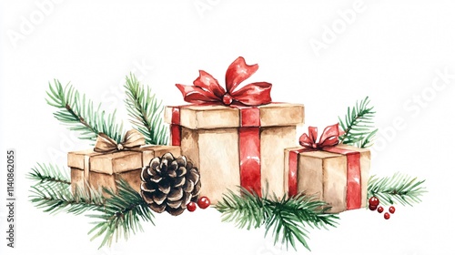 Watercolor Christmas Gifts with Pine Branches and Red Berries