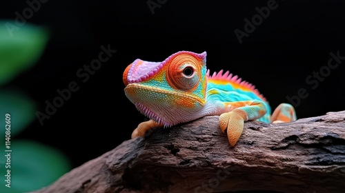 A colorful chameleon rests on a branch, showcasing its vivid, multi-colored scales against a dark backdrop, representing adaptability in nature's design. photo