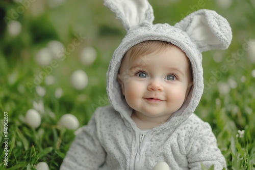 Little baby in easter bunny dress sitting and smiling on green grass, cute baby boy in costume. Easter congratulating concept with copy space. 