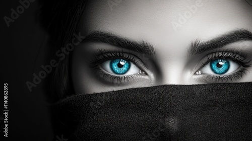 A pair of captivating and mysterious eyes with a striking blue hue peeks from a dark veil, expressing depth and intensity in a captivating portrait setting.