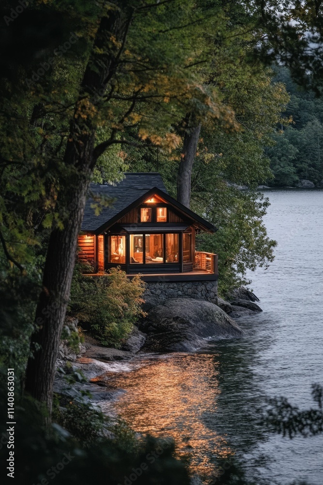 Fototapeta premium Lakeside cabin glows, nestled in wooded waterfront.