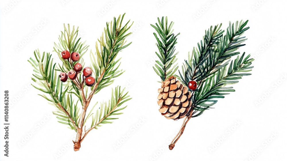 Fototapeta premium Watercolor Pine Sprigs and Berries: A Festive Botanical Illustration