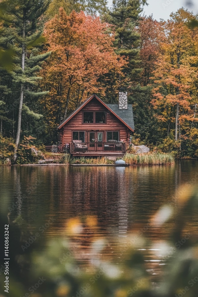 Lakeside cabin, autumn foliage, tranquil scene. Lakeside cabin, autumn foliage, tranquil scene.