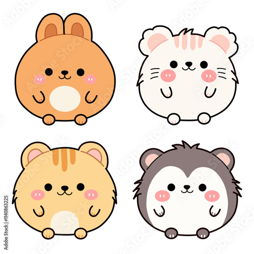 Cute Cartoon Animals Round Kawaii Style Illustration