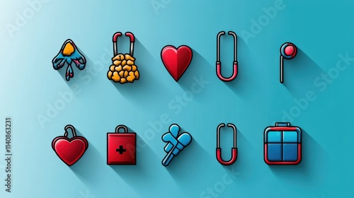 An array of colorful medical symbols against a blue backdrop, depicting healthcare tools and symbols to illustrate the importance of medical practices vividly. photo