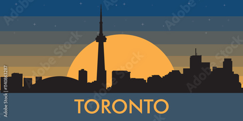 Black silhouette of the city of Toronto against the background of the night starry sky and a large yellow moon