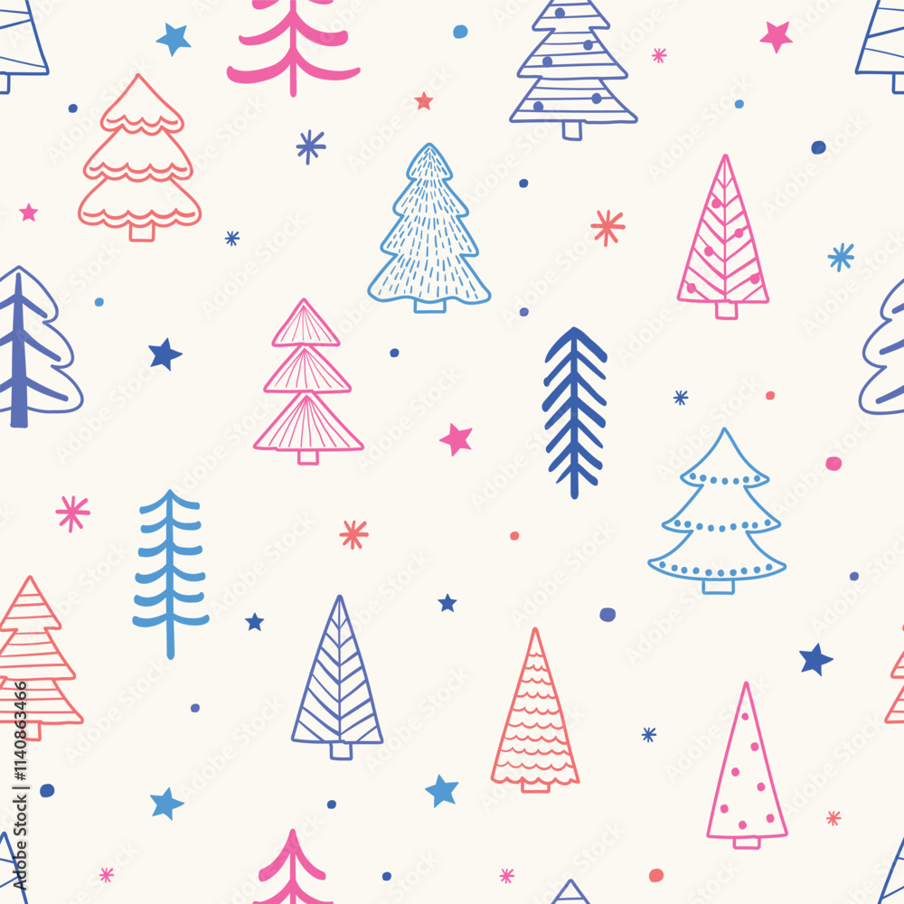 Christmas seamless pattern with cute cartoon trees and snowflakes. Wallpaper design. Vector illustration Christmas seamless pattern with cute cartoon trees and snowflakes. Wallpaper design. Vector illustration