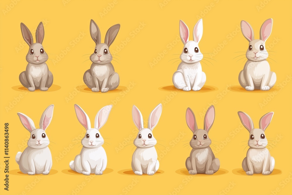 set of Easter rabbits, easter Bunny on yellow background. Vector illustration. set of Easter rabbits, easter Bunny on yellow background. Vector illustration.