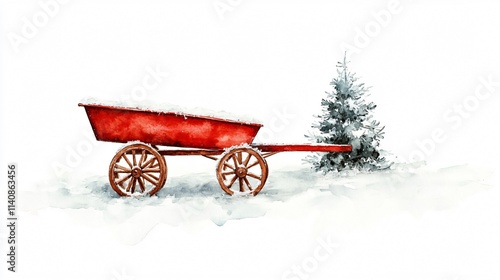 Red Wagon in Snowy Winter Wonderland with Christmas Tree - Festive Holiday Scene