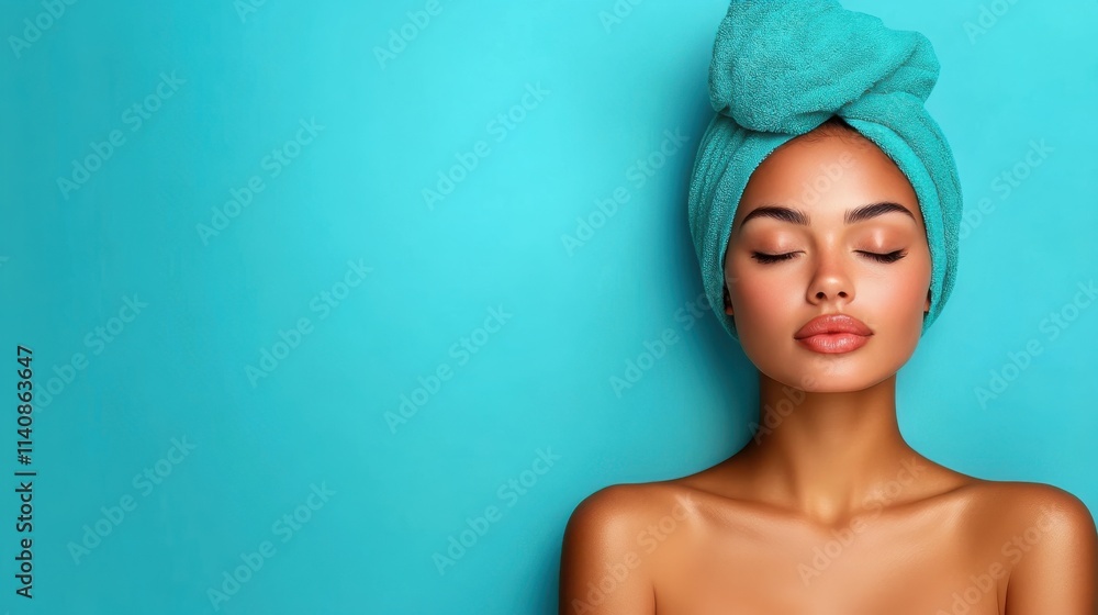A serene woman with a teal towel turban stands against a solid blue backdrop, her eyes closed, embodying tranquility, elegance, and minimalistic beauty. A serene woman with a teal towel turban stands against a solid blue backdrop, her eyes closed, embodying tranquility, elegance, and minimalistic beauty.