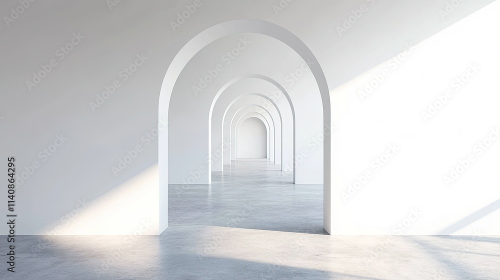 empty white room with arch door wall design and concrete floor, corridor with stair, perspective of minimal design. Illustration empty white room with arch door wall design and concrete floor, corridor with stair, perspective of minimal design. Illustration