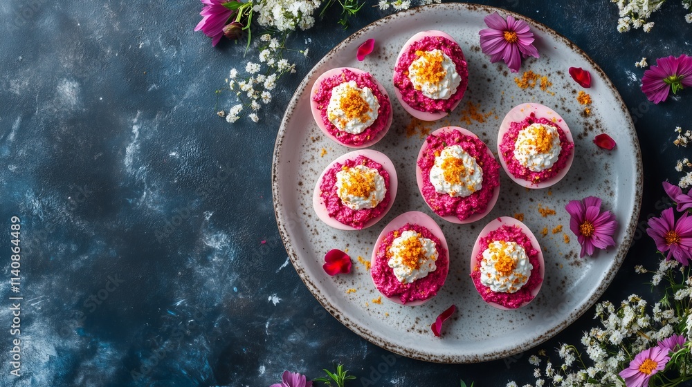 Stuffed Pink Deviled Eggs with pepper and mayonnaise colored with beetroot. Easter food concept, spring flowers, easter bunny. Top view. Stuffed Pink Deviled Eggs with pepper and mayonnaise colored with beetroot. Easter food concept, spring flowers, easter bunny. Top view.