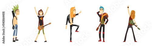 Funny Man Rock Musician Character Perform on Stage Vector Set