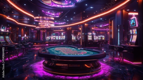 Luxurious casino interior with slot machines, poker table, and vibrant lighting.
