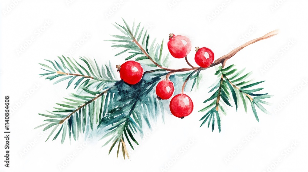 Watercolor Christmas Sprig: Red Berries and Pine Needles on a Delicate Branch Watercolor Christmas Sprig: Red Berries and Pine Needles on a Delicate Branch