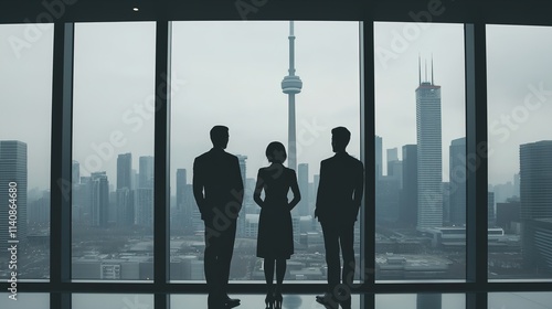 Professional group stands by large glass window showcasing city skyline