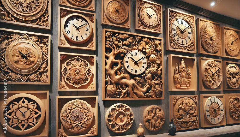 Intricately Designed Wooden Clocks with Detailed Carvings and Artistic Craftsmanship