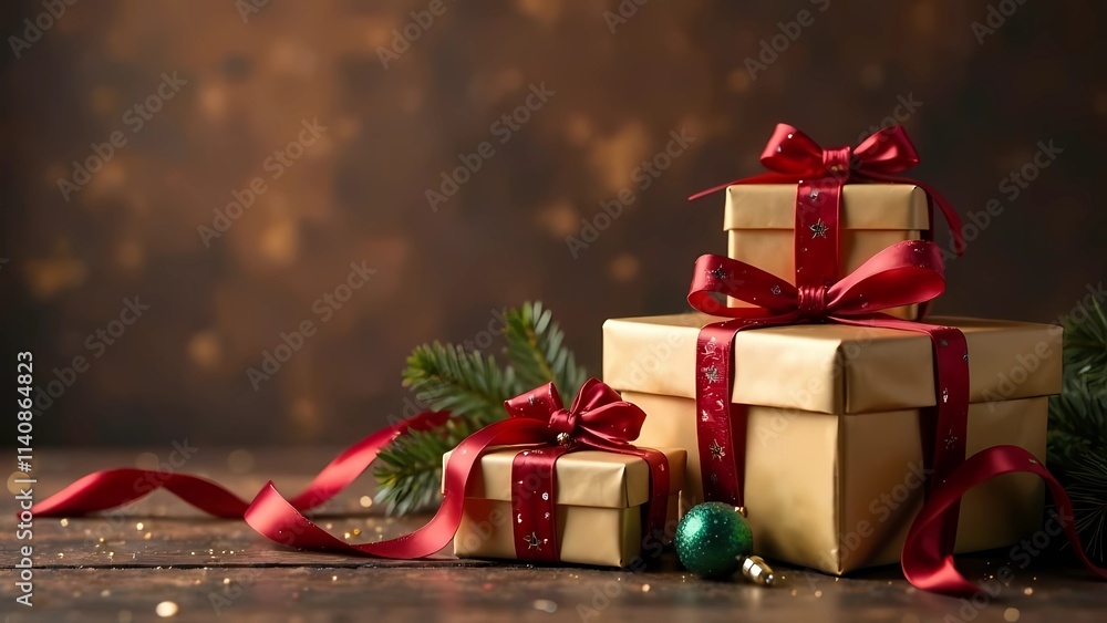 Christmas background with gift boxes wrapped in gold and brown paper, decorated with ribbons and ornaments on a brown background. Christmas background with gift boxes wrapped in gold and brown paper, decorated with ribbons and ornaments on a brown background.