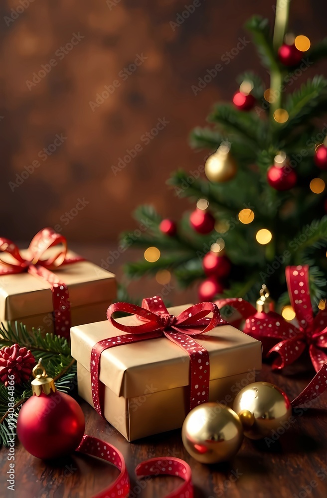 Christmas background with gift boxes wrapped in gold and brown paper, decorated with ribbons and ornaments on a brown background. Christmas background with gift boxes wrapped in gold and brown paper, decorated with ribbons and ornaments on a brown background.