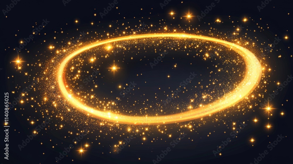 Obraz premium Magic gold dust trail with star shaped sparkles on dark transparent background. Realistic vector illustration of circle and wave path of shine glitter and shimmer particles. Can be used as png.