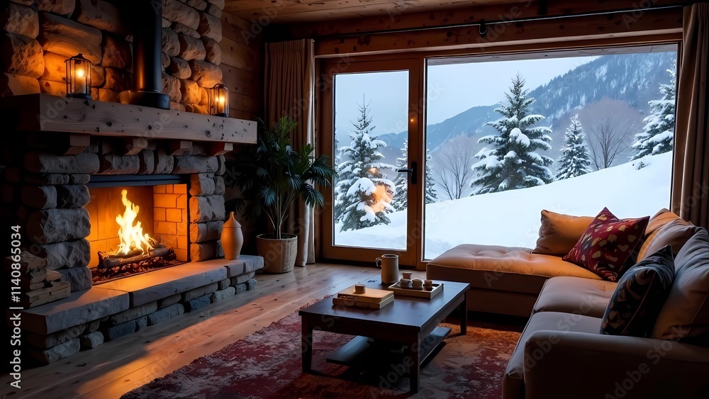 Cozy living room with fireplace overlooking snowy mountain view in log cabin Cozy living room with fireplace overlooking snowy mountain view in log cabin