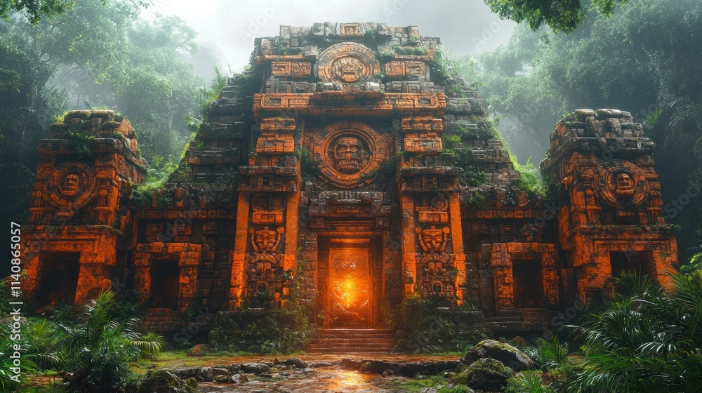 Fototapeta premium Ancient stone temple, overgrown jungle, glowing entrance.