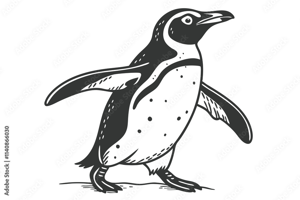 Naklejka premium Draw an adorable black silhouette of a penguin standing upright, with its wings slightly spread. Add simple textures to its belly for detail, set on a white background