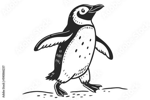 Draw an adorable black silhouette of a penguin standing upright, with its wings slightly spread. Add simple textures to its belly for detail, set on a white background