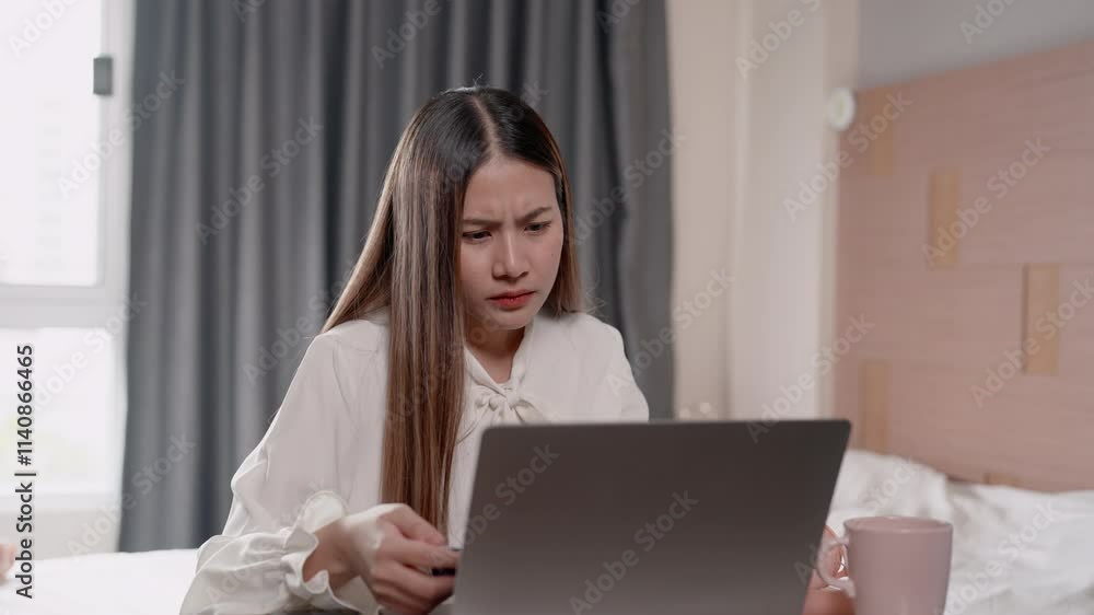 Asian girl sitting in bedroom, ordering online on laptop placed in front, lowered head pick up credit card that was on table in order pay, puzzled expression on face as credit card couldn be used. Asian girl sitting in bedroom, ordering online on laptop placed in front, lowered head pick up credit card that was on table in order pay, puzzled expression on face as credit card couldn be used.