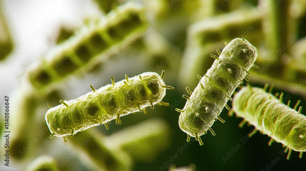 Naklejka premium Probiotics Bacteria . Biology, Science Microscopic medicine. Digestion stomach Escherichia coli, treatment, Health care medication, anatomy organism. Generative AI.