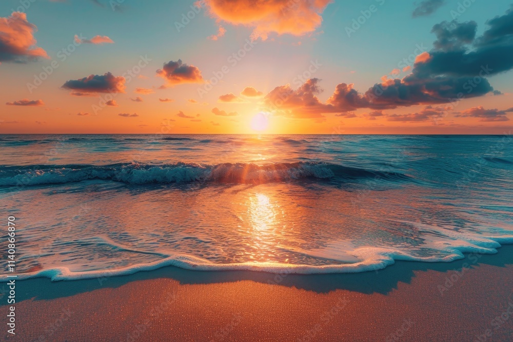 Fototapeta premium Sunset Serenity Over Ocean Waves Tropical Beach Landscape Photography Peaceful Atmosphere